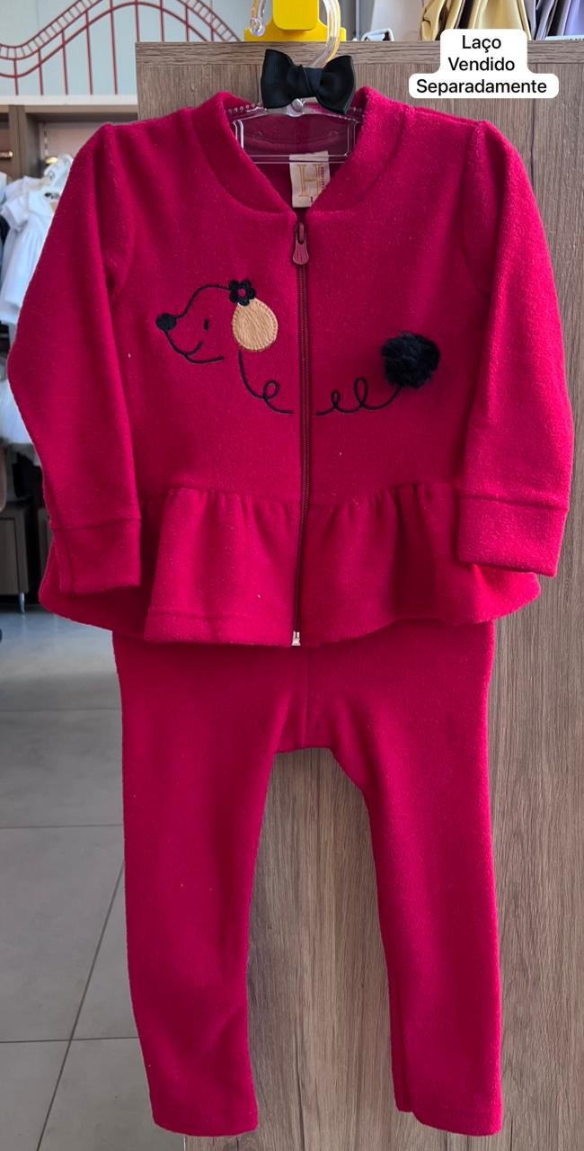 CONJUNTO JAQUETA MANGA LONGA BOUCLE BORDADO FRANZIDO E CALÇA BOUCLE MENINA HRRADINHOS - VERMELHO
