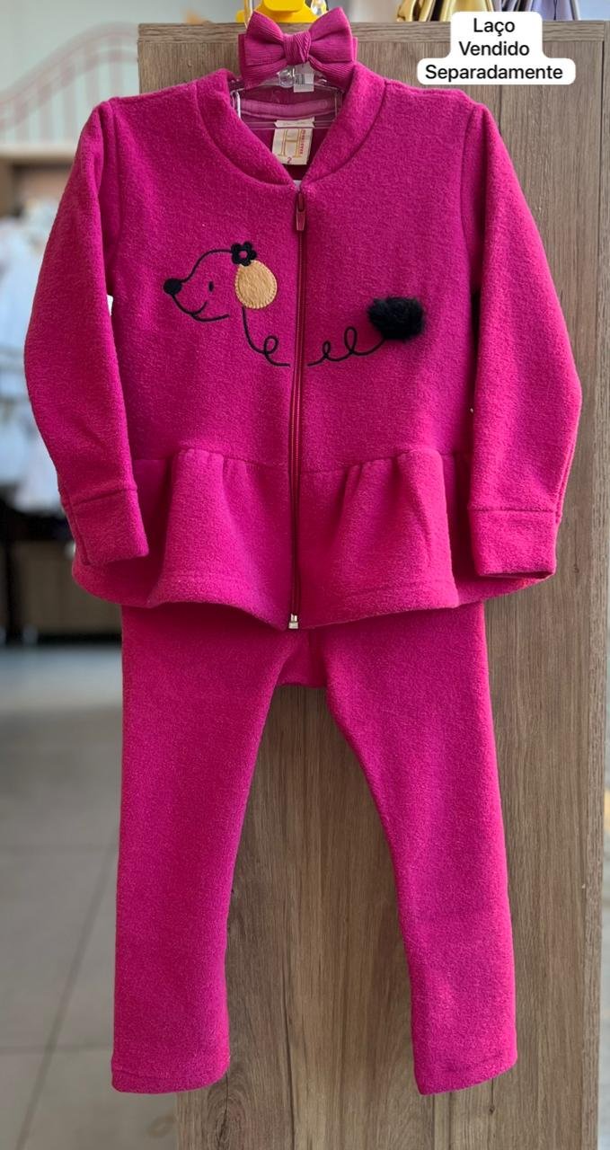 CONJUNTO JAQUETA MANGA LONGA BOUCLE BORDADO FRANZIDO E CALÇA BOUCLE MENINA HRRADINHOS - PINK