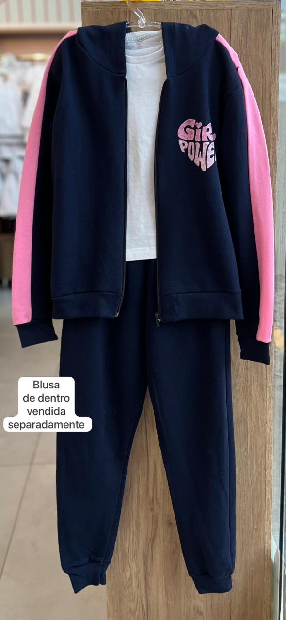 CONJUNTO JAQUETA MANGA LONGA MOLETOM E CALÇA GIRL POWER MENINA HRRADINHOS - MARINHO