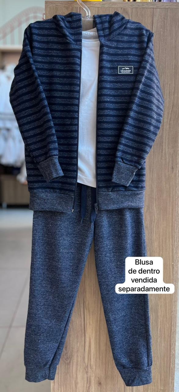 CONJUNTO JAQUETA MANGA LONGA MOLETOM MOLINE LISTRADO E CALÇA MENINO HRRADINHOS - MARINHO