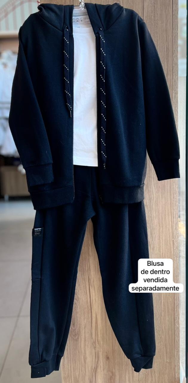 CONJUNTO JAQUETA MANGA LONGA MOLETOM ZÍPER CAPUZ E CALÇA MENINO HRRADINHOS - PRETO