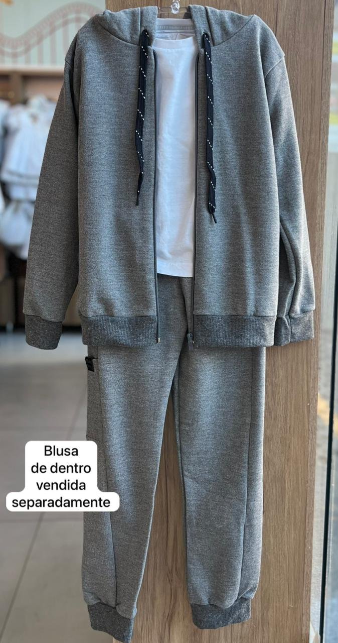 CONJUNTO JAQUETA MANGA LONGA MOLETOM ZÍPER CAPUZ E CALÇA MENINO HRRADINHOS - CINZA