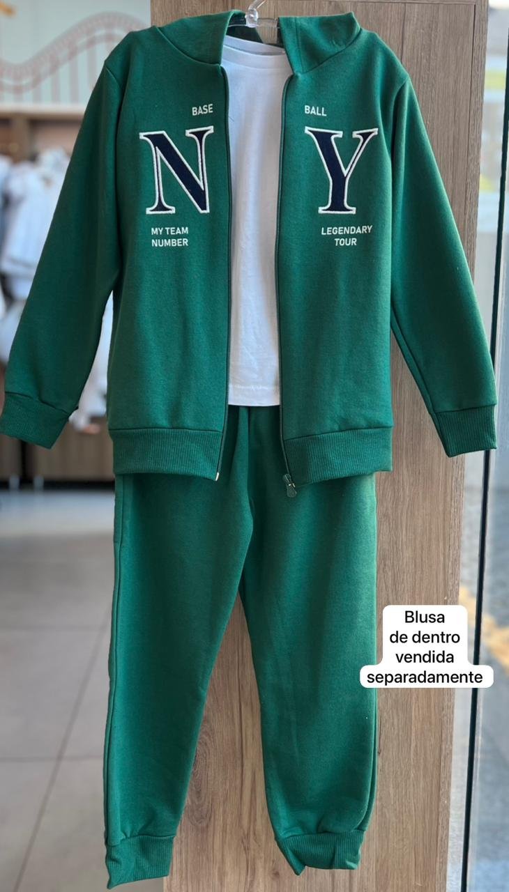 CONJUNTO JAQUETA MANGA LONGA MOLETOM NY E CALÇA MENINO HRRADINHOS - VERDE