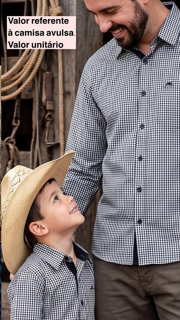 CAMISA MANGA LONGA XADREZ BOTÕES FESTA JUNINA PAI E FILHO MENINO MX 72 - PRETO/BRANCO