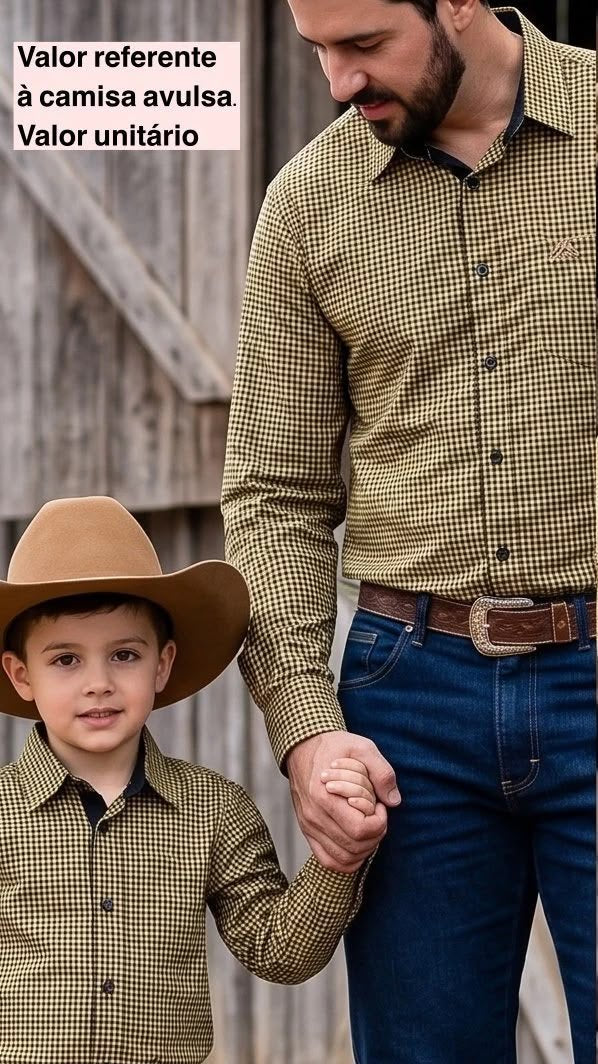 CAMISA MANGA LONGA XADREZ BOTÕES FESTA JUNINA PAI E FILHO MENINO MX 72 - PRETO/MOSTARDA