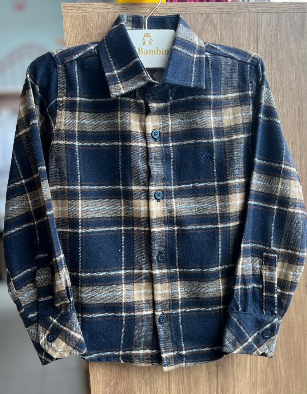 CAMISA MANGA LONGA XADREZ BOTÕES FESTA JUNINO FLANELADO MENINO MX 72 - MARINHO/BEGE