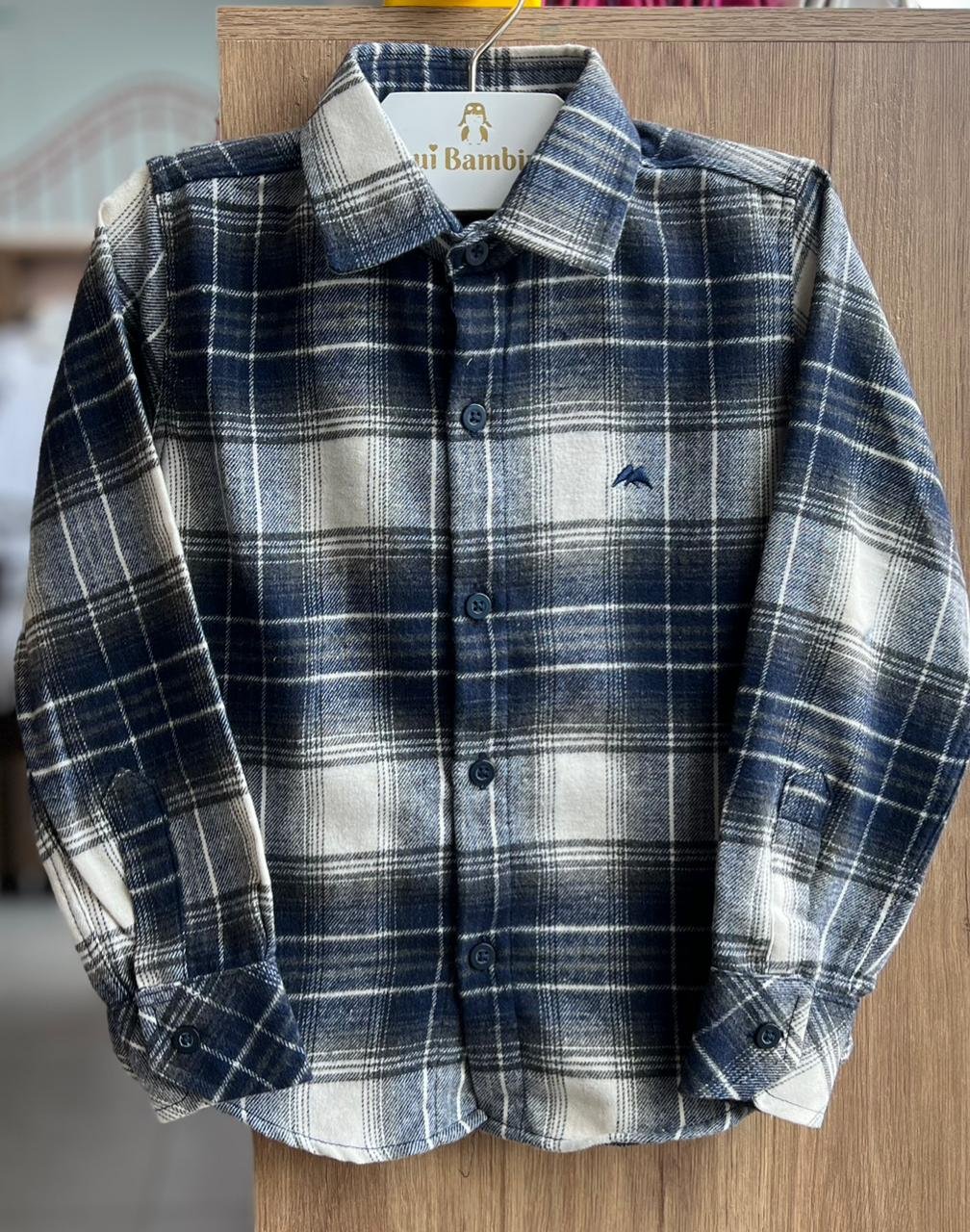 CAMISA MANGA LONGA XADREZ BOTÕES FESTA JUNINO FLANELADO MENINO MX 72 - MARINHO/OFF