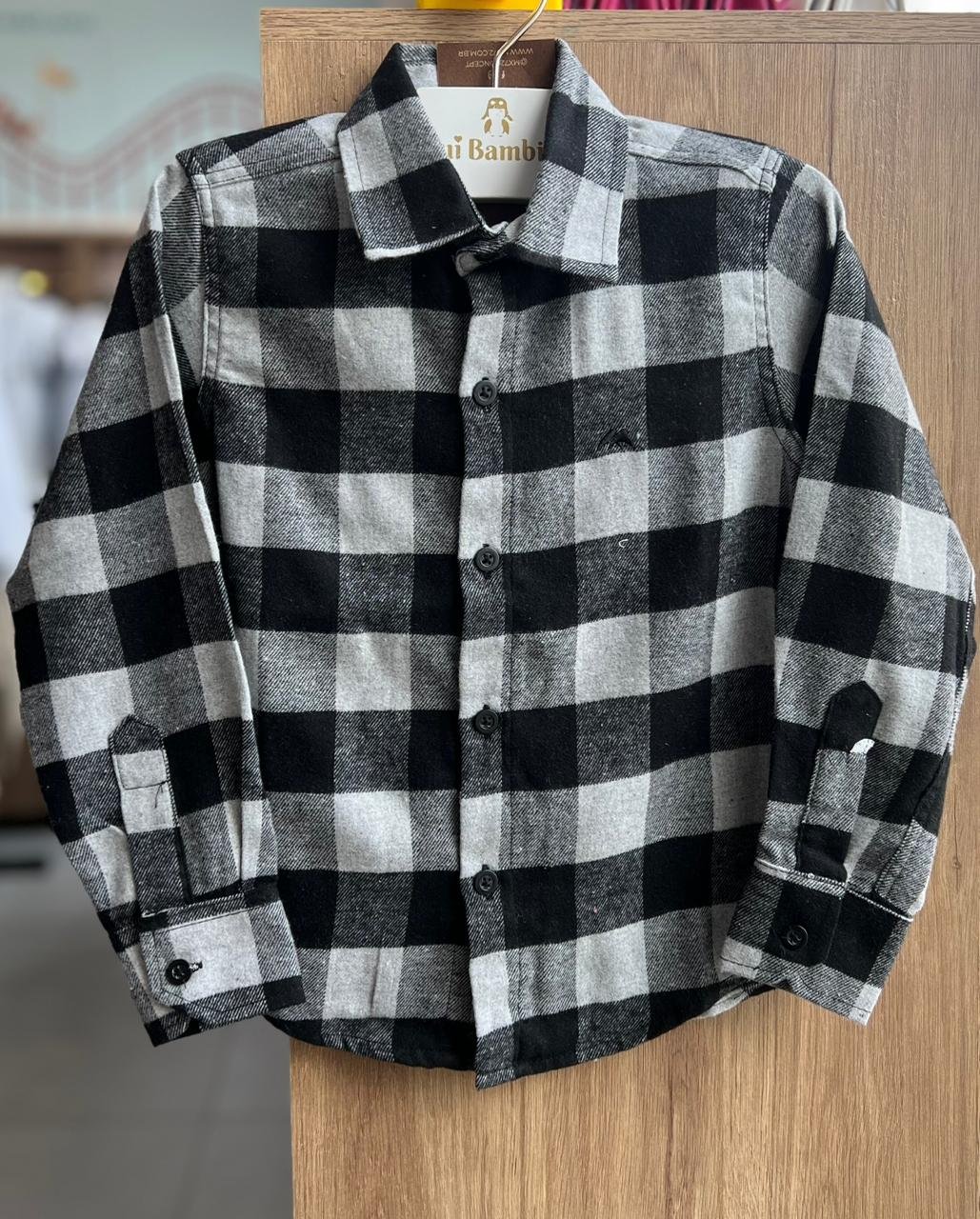 CAMISA MANGA LONGA XADREZ BOTÕES FESTA JUNINO FLANELADO MENINO MX 72 - PRETO/CINZA