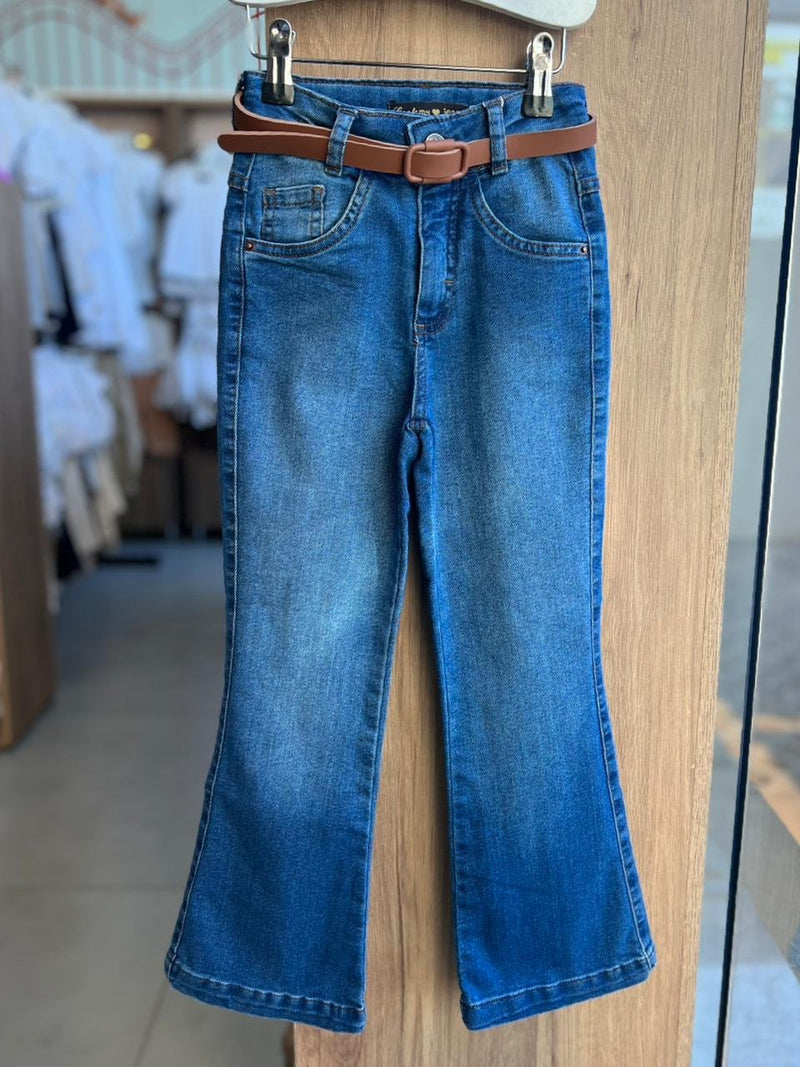 CALÇA JEANS ELÁSTICO CÓS FLARE BOLSO CINTO MENINA LOOK JEANS