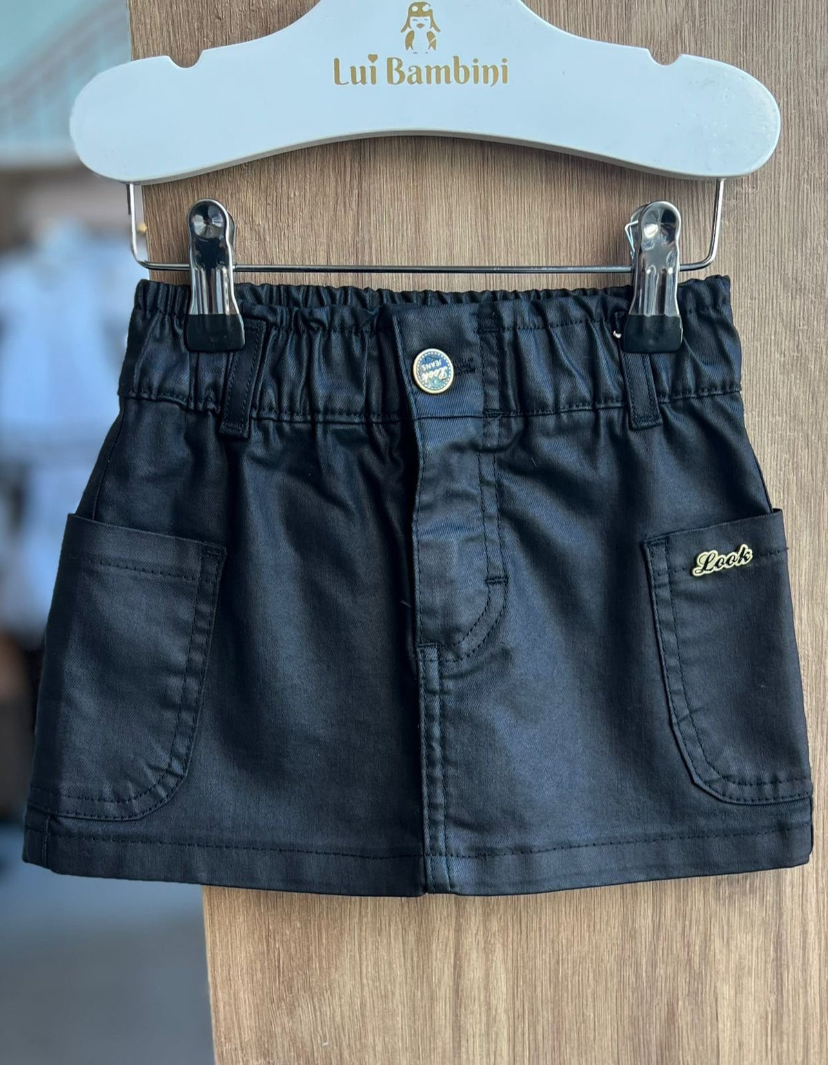 SAIA SARJA RESINADA BOLSOS ELÁSTICO CÓS MENINA LOOK JEANS - PRETO