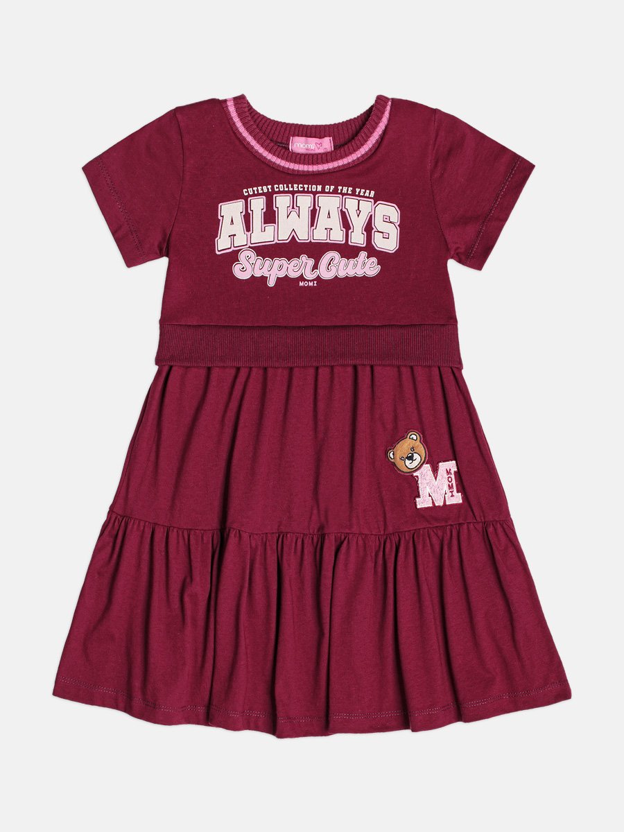 VESTIDO MANGA CURTA ALWAYS URSO PATCH MENINA MOMI - VINHO