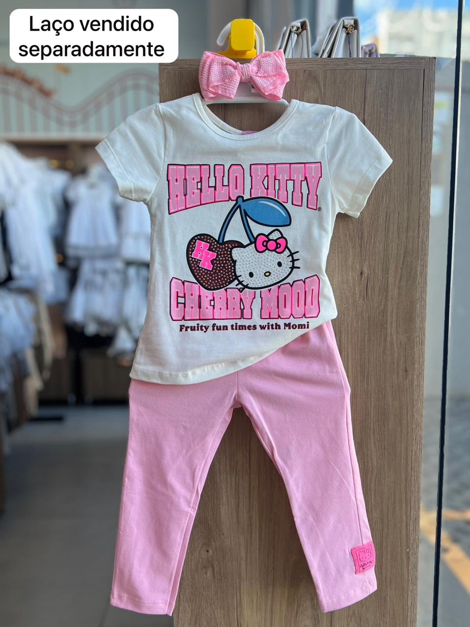 CONJUNTO BLUSA MANGA CURTA HELLO KITTY CEREJA MOOD E CALÇA LEGGING MENINA MOMI - OFF/ROSA