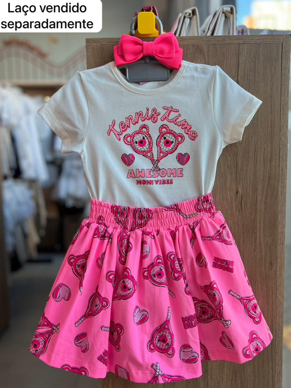 CONJUNTO BLUSA MANGA CURTA URSO RAQUETE E SAIA MENINA MOMI - OFF/ROSA
