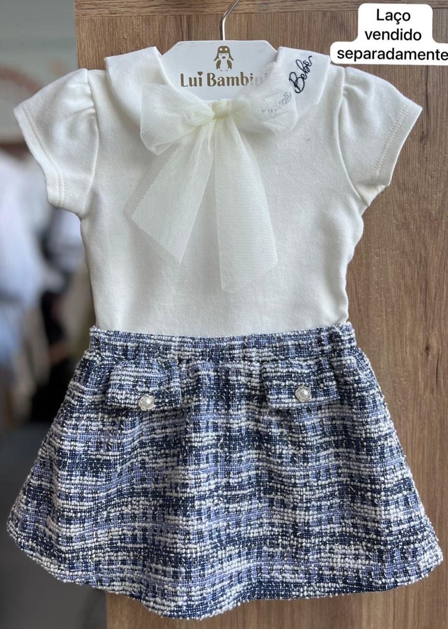 CONJUNTO BODY MANGA CURTA GOLA LAÇO BORDADO E SAIA TWEED MENINA ANIMÊ - OFF/PRETO