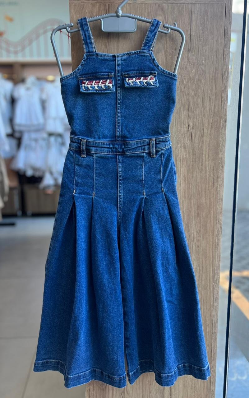 JARDINEIRA ALÇA PLISSADO JEANS MENINA ANIMÊ - JEANS
