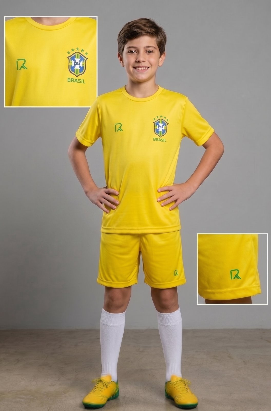 CONJUNTO CAMISETA MANGA CURTA BRASIL COPA DO MUNDO RUMO AO HEXA DRY FIT MENINO RICHES - AMARELO