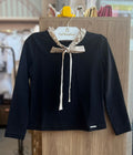 BLUSA MANGA LONGA LAÇO PÉROLAS CRISTAIS MENINA PITUCHINHUS - PRETO
