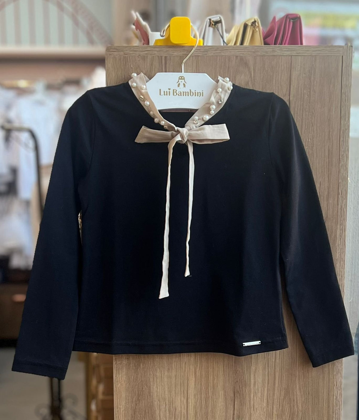 BLUSA MANGA LONGA LAÇO PÉROLAS CRISTAIS MENINA PITUCHINHUS - PRETO