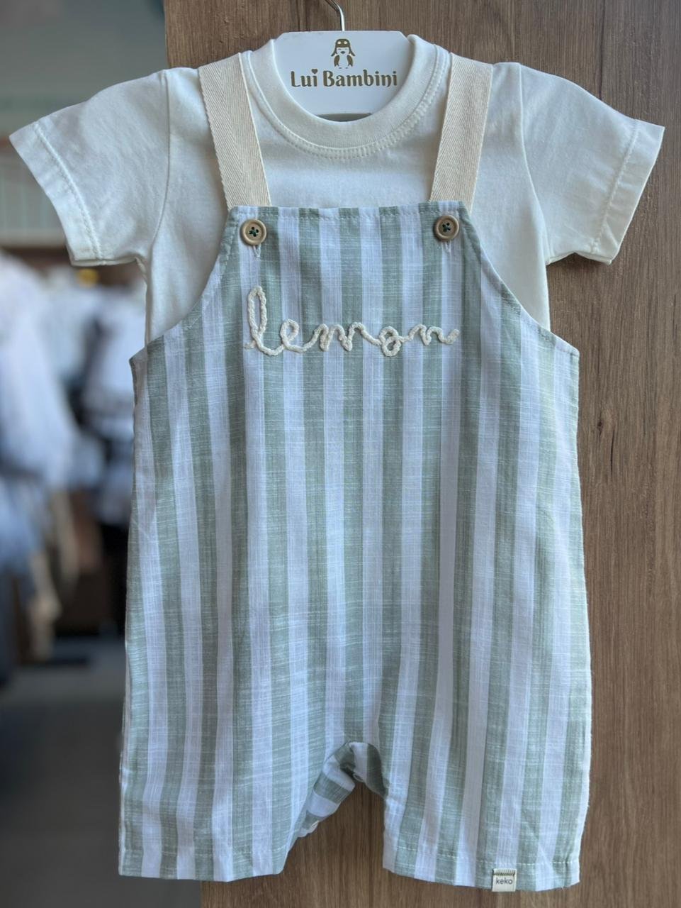 CONJUNTO JARDINEIRA CAMISETA ALÇA BOTÃO LISTRADO LEMON E CAMISETA MANGA CURTA MENINO KEKO BABY - OFF/VERDE