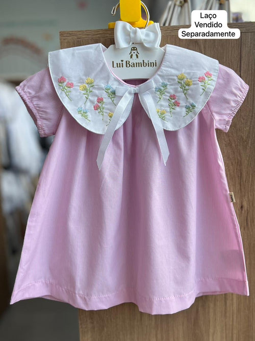 VESTIDO MANGA CURTA GOLA BORDADO FLORES LISTRADO LAÇO FITA MENINA KEKO BABY - ROSA