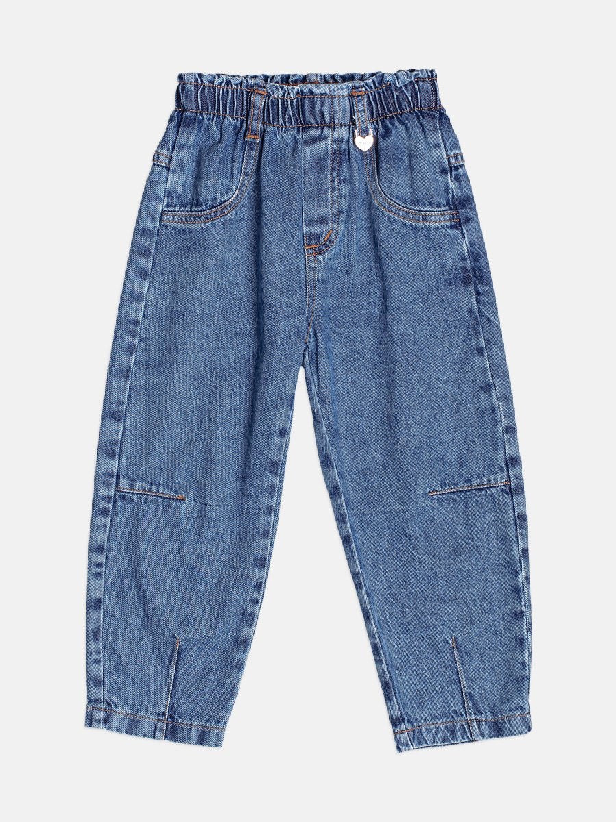 CALÇA CÓS ELÁSTICO BOLSO FAKE JEANS MENINA MOMI - JEANS