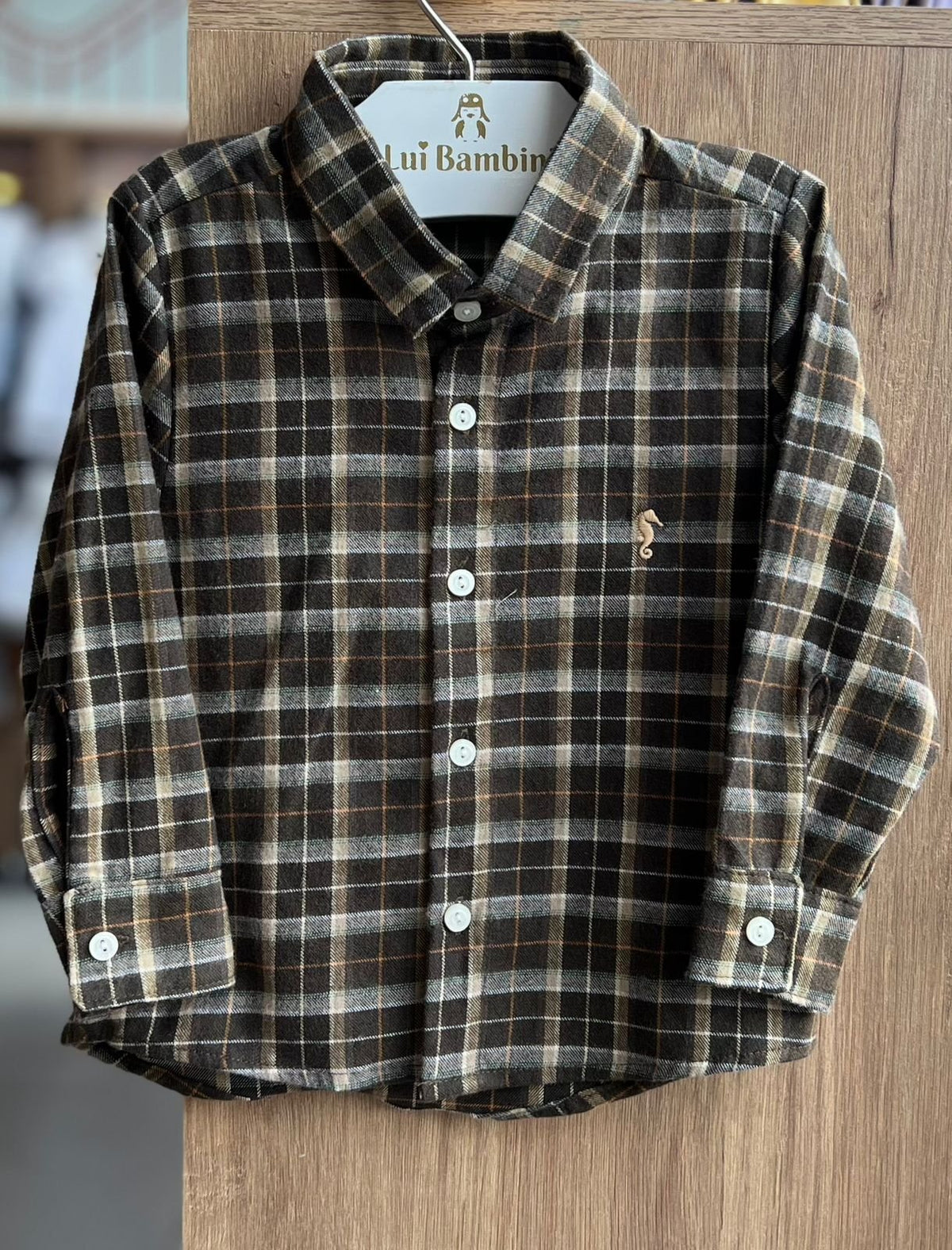 CAMISA MANGA LONGA FLANELADA XADREZ FESTA JUNINA BOTÕES MINIMALISTA BORDADO CAVALO MARINHO MENINO ONDA MARINHA - VERDE MUSGO