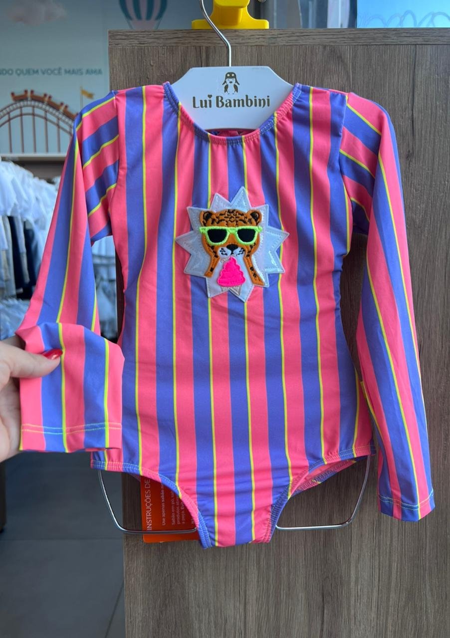 MAIÔ MANGA LONGA LISTRADO TIGRE OCULOS ESTRELA PROTEÇÃO UV50+ MENINA SIRI - LILÁS/ROSA