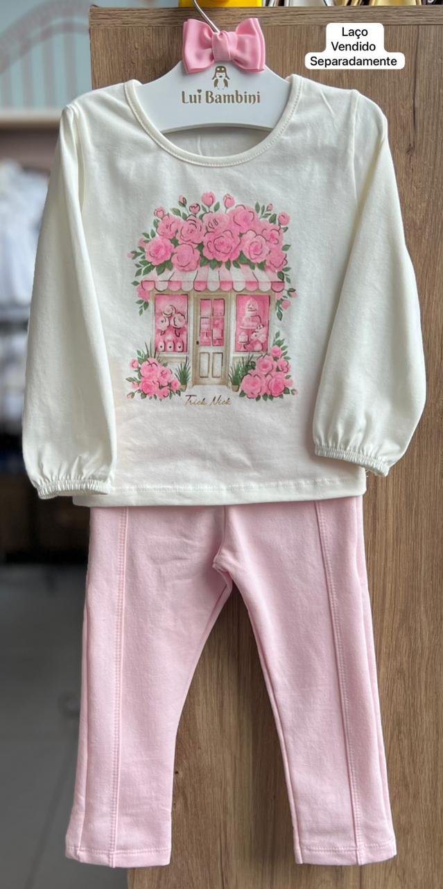 CONJUNTO BLUSA MANGA LONGA FLORES JARDIM FLORICULTURA E CALÇA LEGGING UV50+ MENINA TRICK NICK - OFF/ROSA