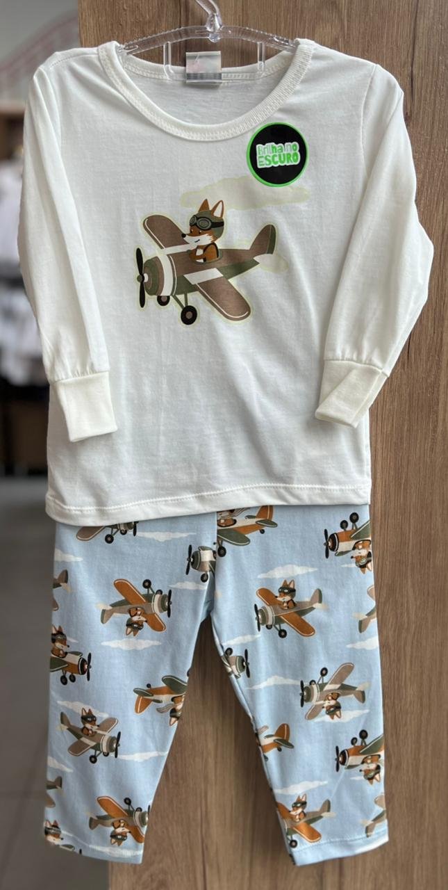 CONJUNTO PIJAMA CAMISETA MANGA LONGA AVIÃO RAPOSA E CALÇA MENINO TRICK NICK - OFF/AZUL