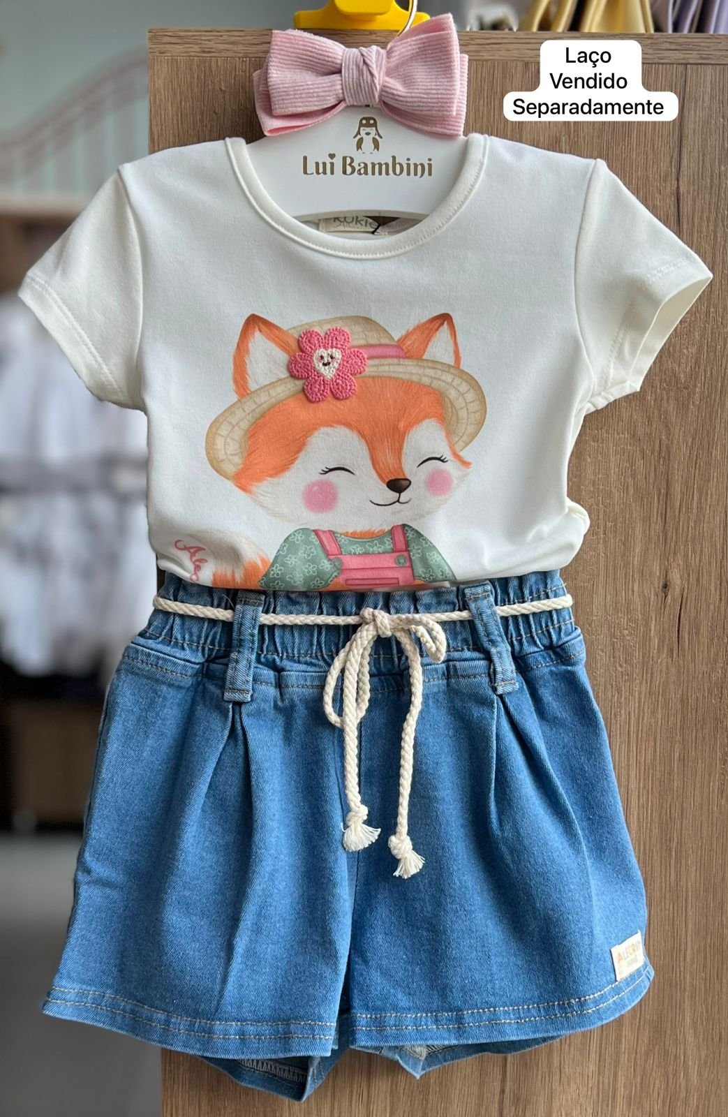 CONJUNTO BLUSA MANGA CURTA RAPOSA E SHORT JEANS MENINA KUKIÊ - OFF/JEANS
