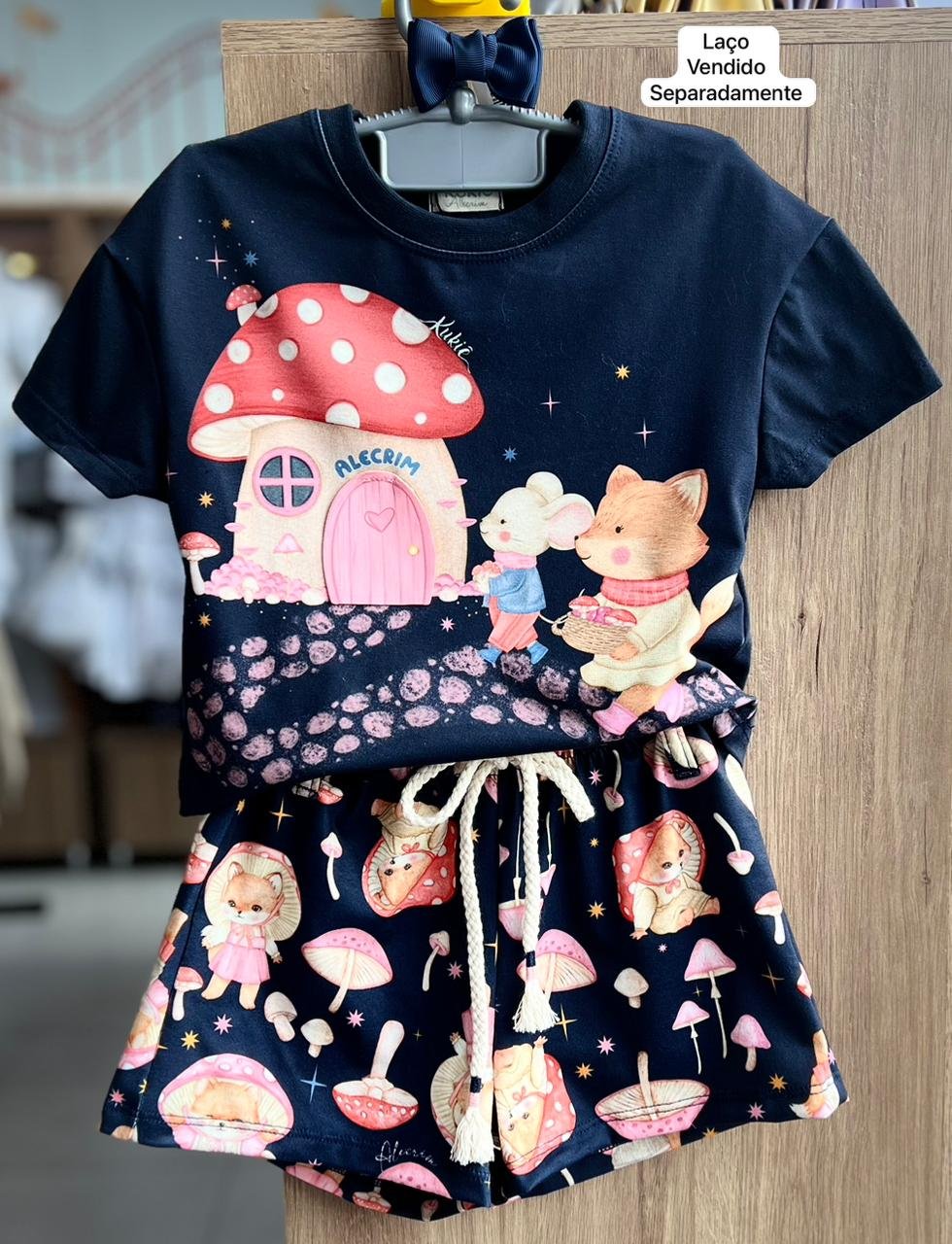 CONJUNTO BLUSA MANGA CURTA RATINHO RAPOSA COGUMELO E SHORT MENINA KUKIÊ - MARINHO