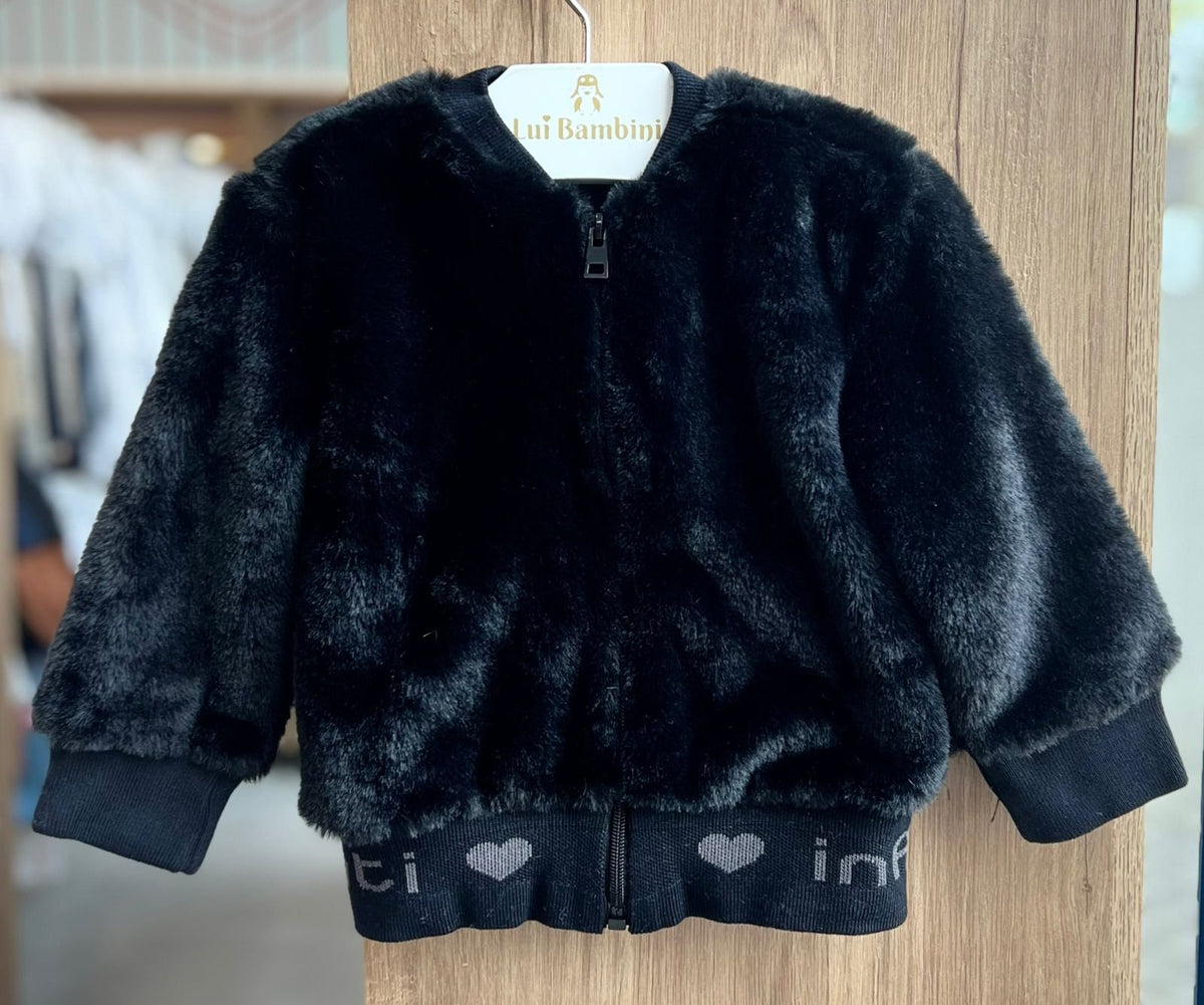 JAQUETA MANGA LONGA BOMBER PELINHOS PELUCIADO LISO ZÍPER ELÁSTICO MENINA INFANTI - PRETO