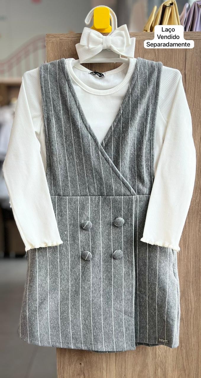 CONJUNTO SALOPETE REGATA LISTRADO BOTÃO E BLUSA MANGA LONGA MENINA INFANTI - CINZA/BRANCO