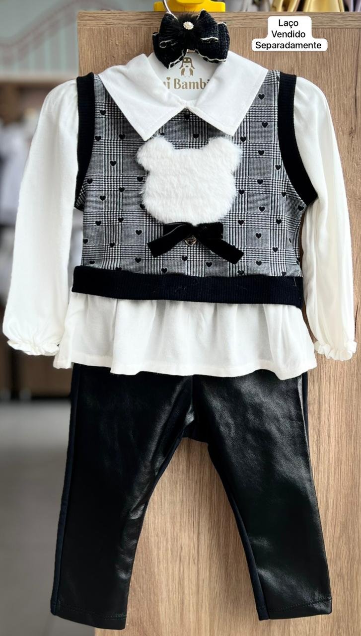 CONJUNTO CAMISA MANGA LONGA COLETE FIXO CORAÇÃO URSO PELOS E CALÇA COURINO MENINA INFANTI - PRETO