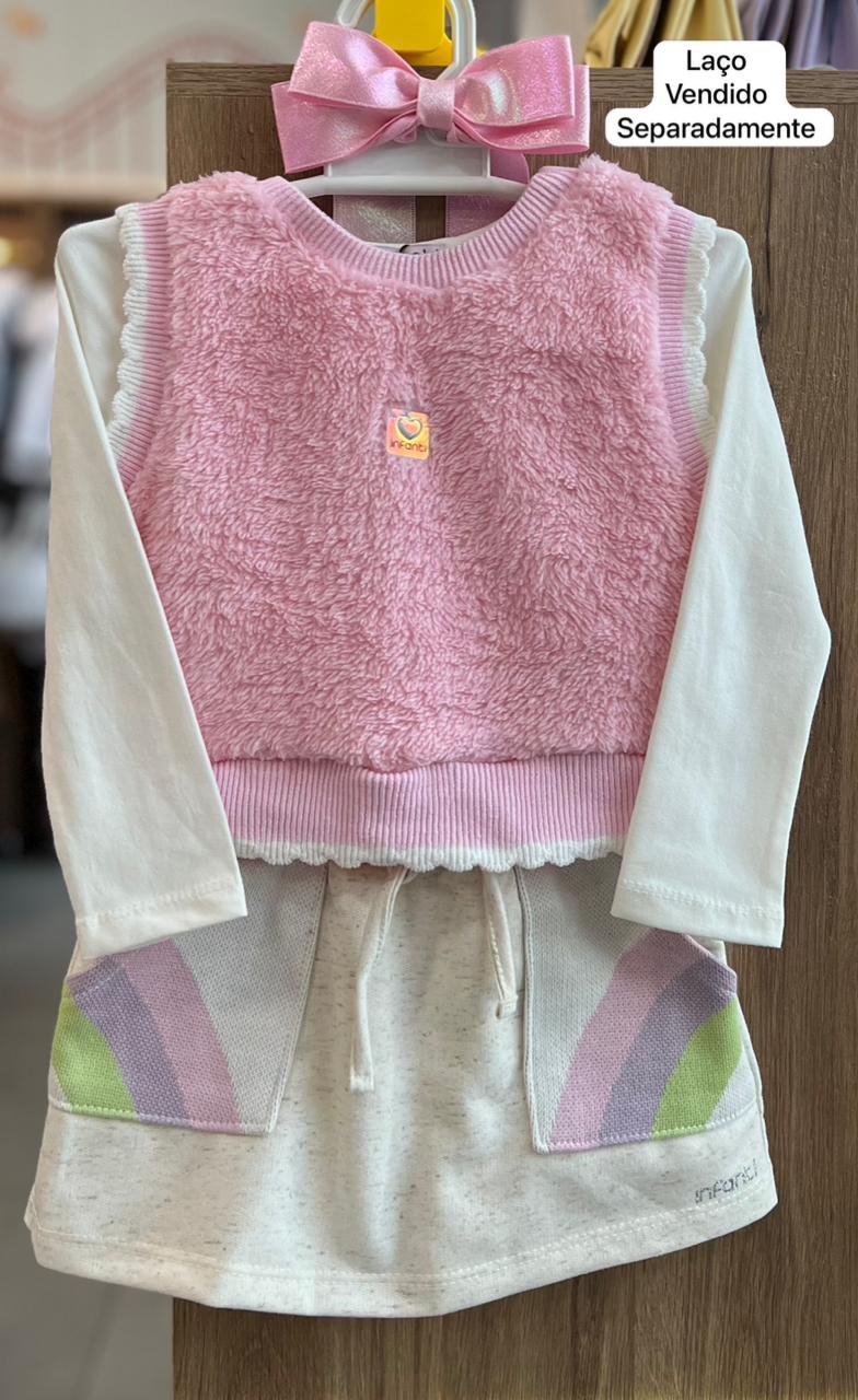 CONJUNTO BLUSA MANGA LONGA LISA COLETE PELUCIADO PELOS E SHORT MENINA INFANTI - ROSA/BRANCO