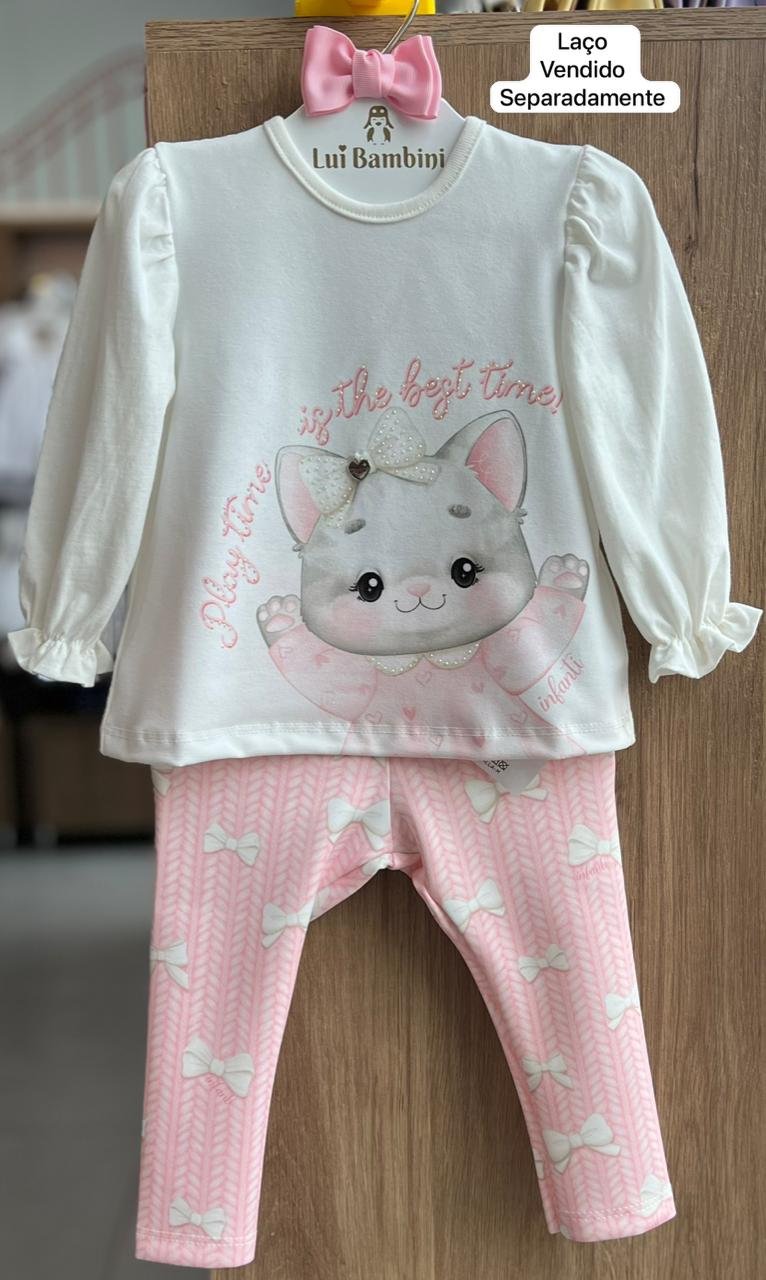 CONJUNTO BLUSA MANGA LONGA BATA GATO LAÇO RENDA E CALÇA LEGGING MENINA INFANTI - OFF/ROSA
