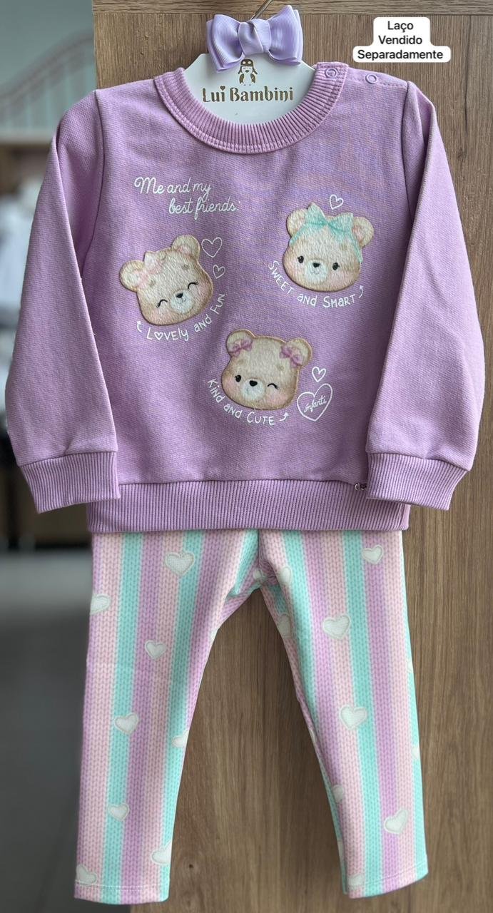 CONJUNTO MOLETOM BLUSÃO MANGA LONGA URSO GIRLFRIENDS E CALÇA LEGGING MENINA INFANTI - LILÁS
