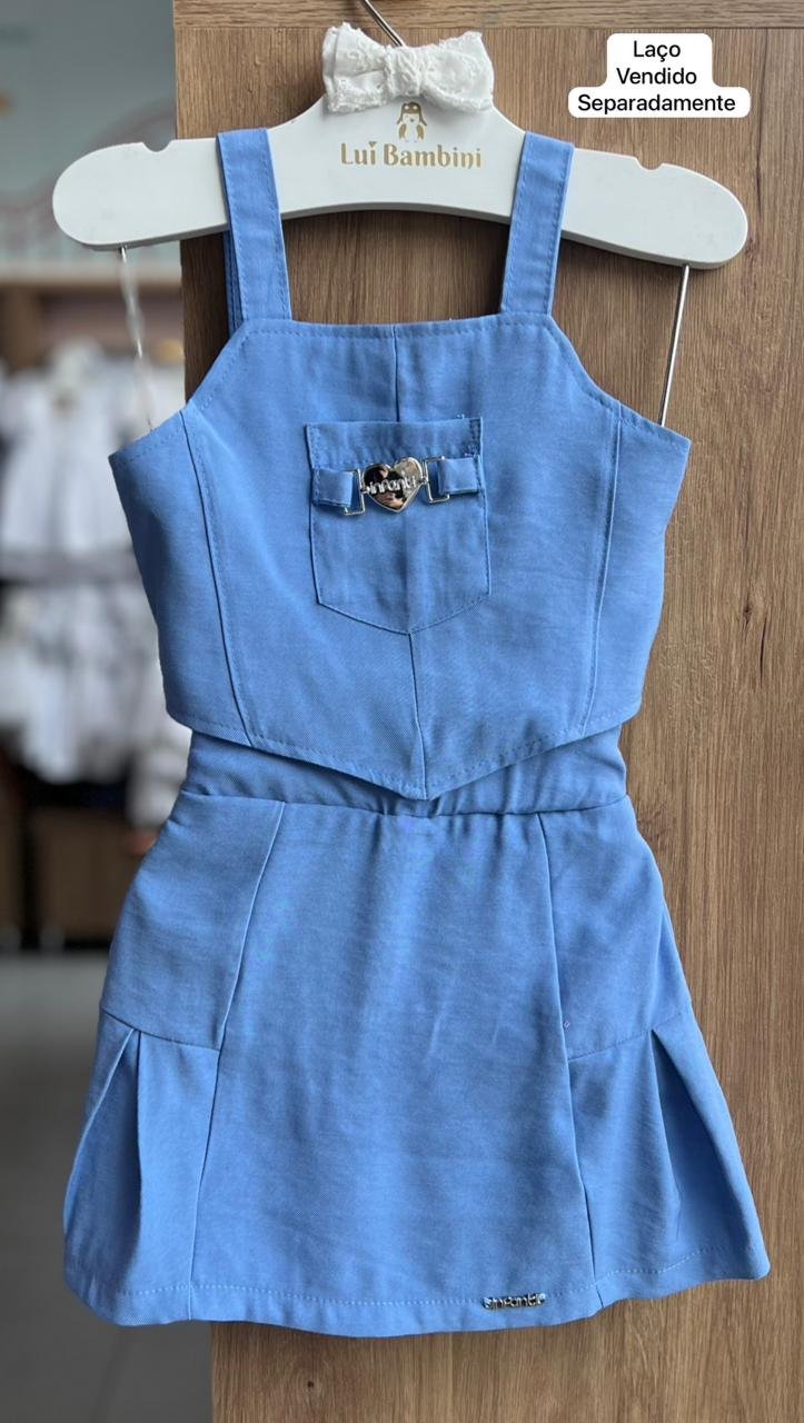 CONJUNTO BLUSA ALÇA CROPPED BOLSO PINGENTE CORAÇÃO E SHORT SAIA MENINA INFANTI - AZUL