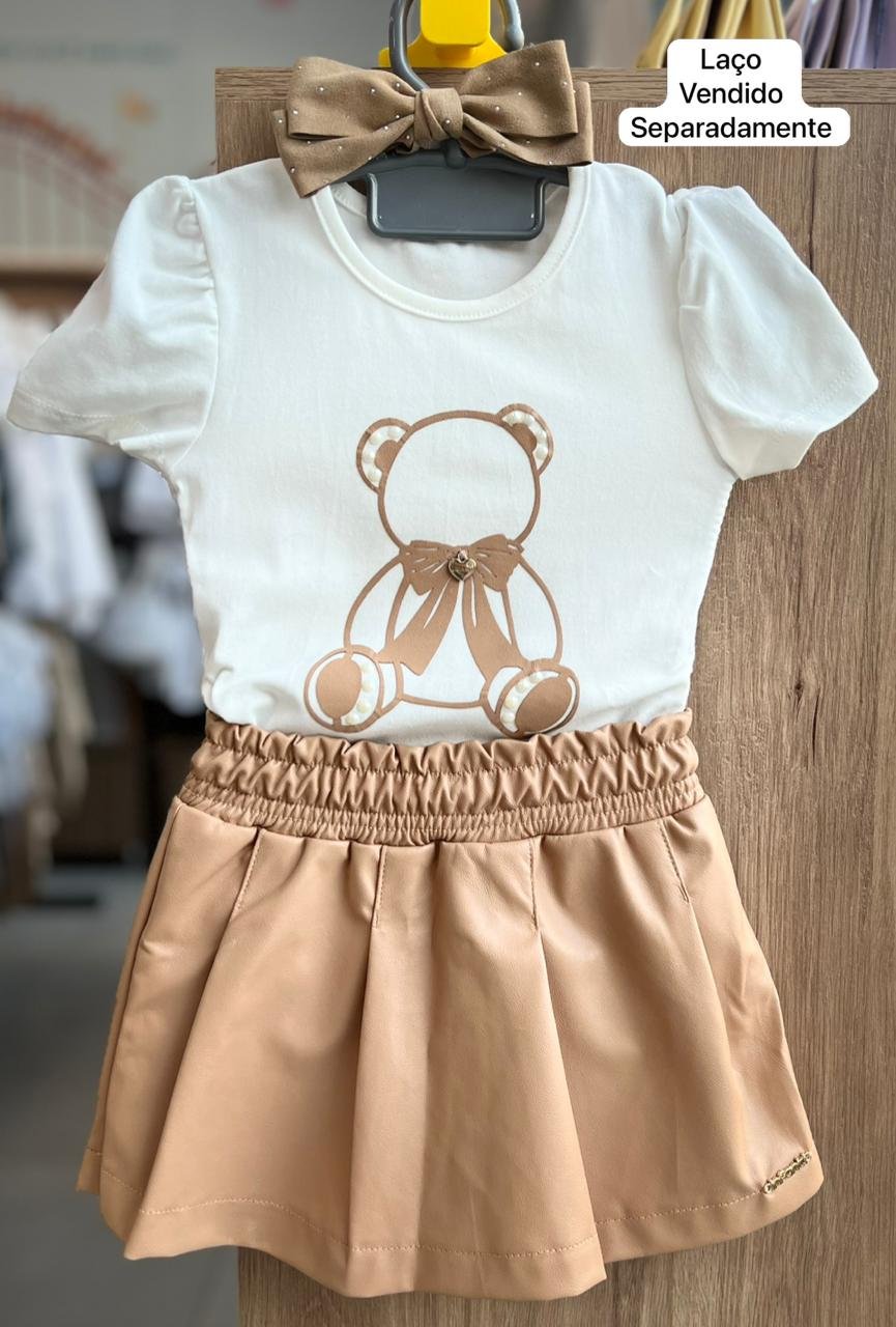 CONJUNTO BLUSA MANGA CURTA URSO PÉROLAS E SHORT SAIA COURINO MENINA INFANTI - OFF/BEGE
