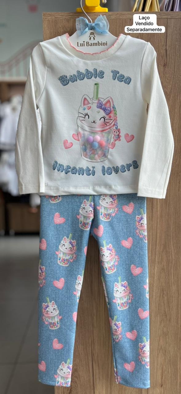CONJUNTO BLUSA MANGA LONGA GATO SHAKE LOVE E CALÇA LEGGING MENINA INFANTI - OFF/AZUL