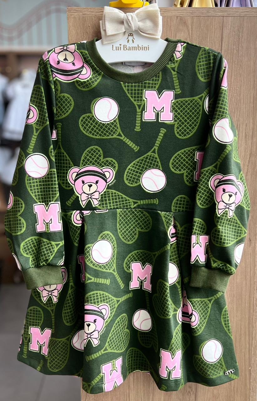 VESTIDO MANGA LONGA TENISTA RAQUETE URSO CORAÇÃO MENINA MOMI - VERDE