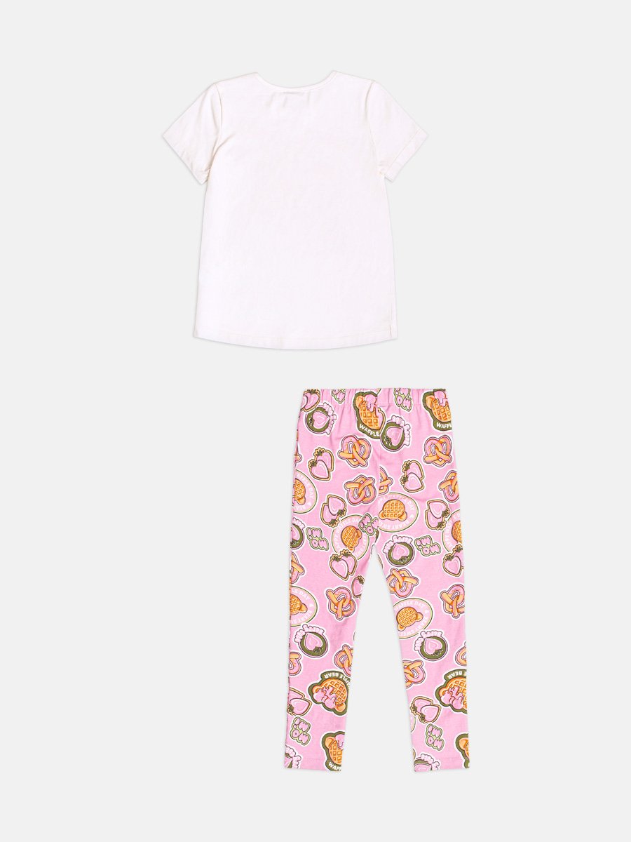 CONJUNTO BLUSA MANGA CURTA WAFFLES URSO LANCHE CALÇA LEGGING MENINA MOMI - OFF/ROSA