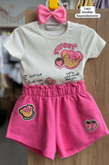 CONJUNTO BLUSA MANGA CURTA WAFFLES URSO LANCHE E SHORT MENINA MOMI - OFF/ROSA