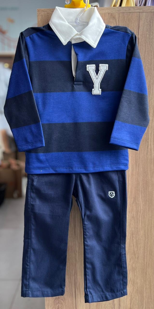 CONJUNTO CAMISETA MANGA LONGA LISTRADO Y POLO 10 E CALÇA MENINO YOUCCIE - MARINHO