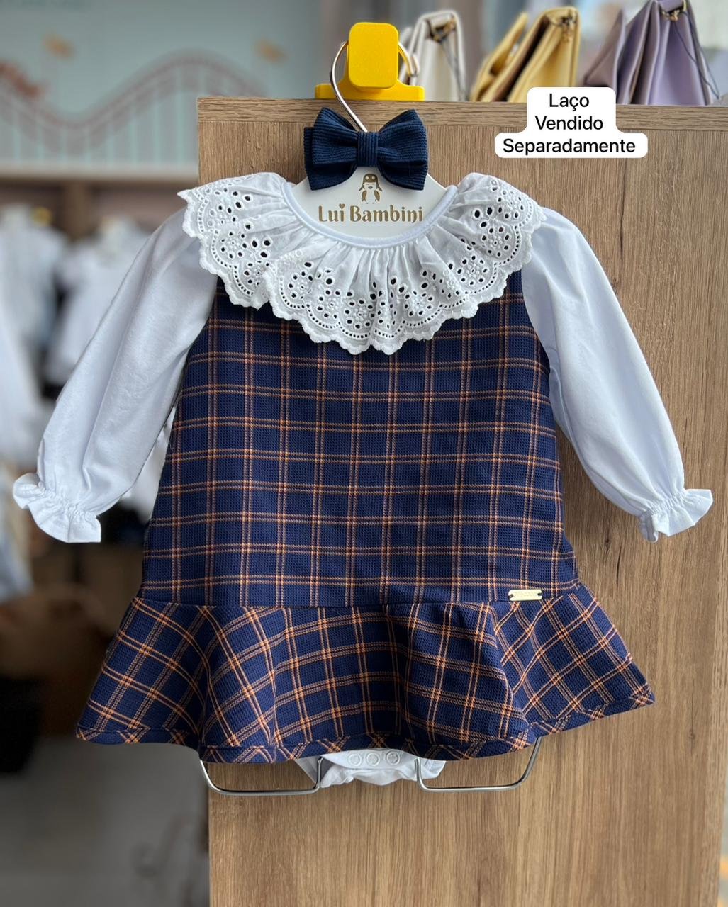 CONJUNTO VESTIDO REGATA XADREZ E BODY MANGA LONGA BABADO BORDADO RENDA MENINA PRECOCE - BRANCO/MARINHO