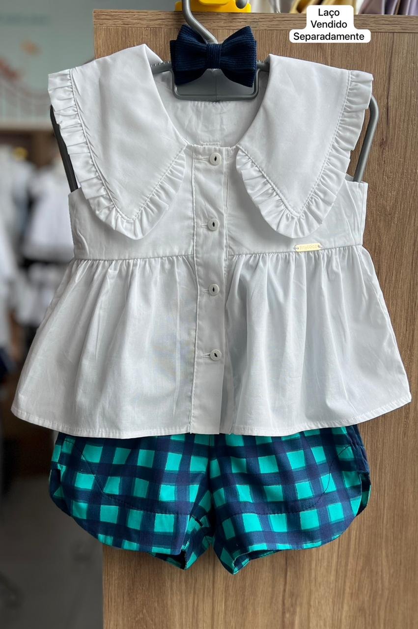 CONJUNTO BLUSA MANGA LONGA GOLA BABADO E SHORT SAIA MENINA PRECOCE - BRANCO/AZUL