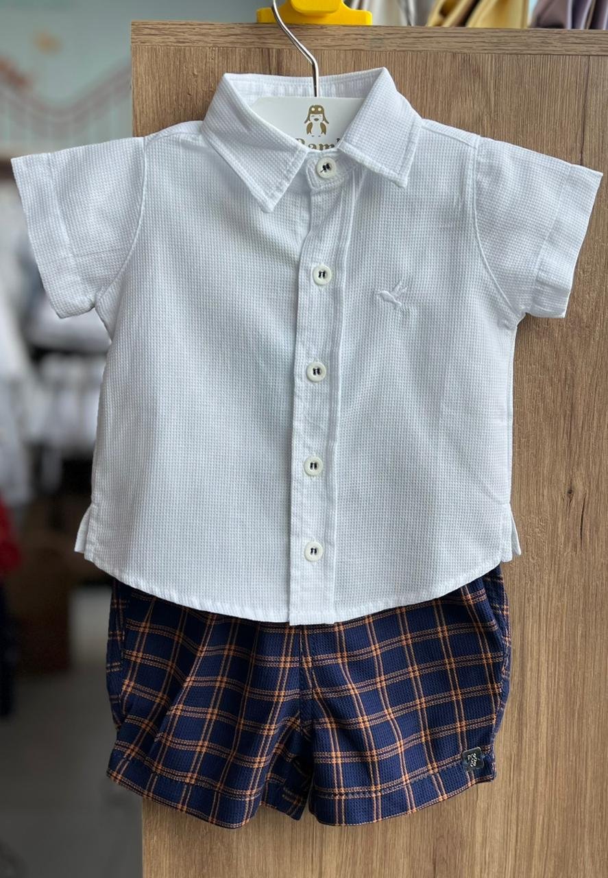 CONJUNTO CAMISA MANGA CURTA MINIMALISTA SOCIAL E SHORT MENINO PRECOCE - BRANCO/MARINHO