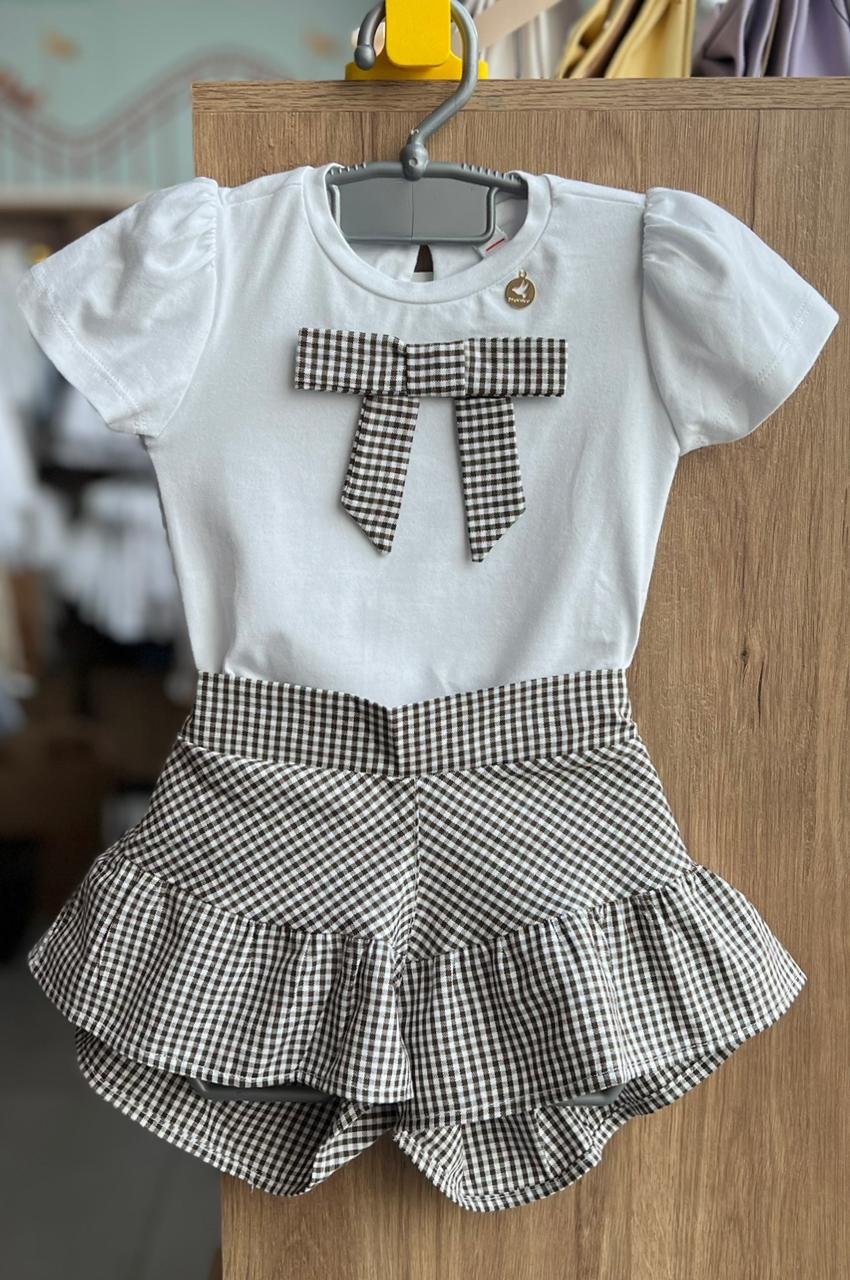 CONJUNTO BLUSA MANGA CURTA LAÇO E SHORT XADREZ MENINA PRECOCE - OFF/VERDE