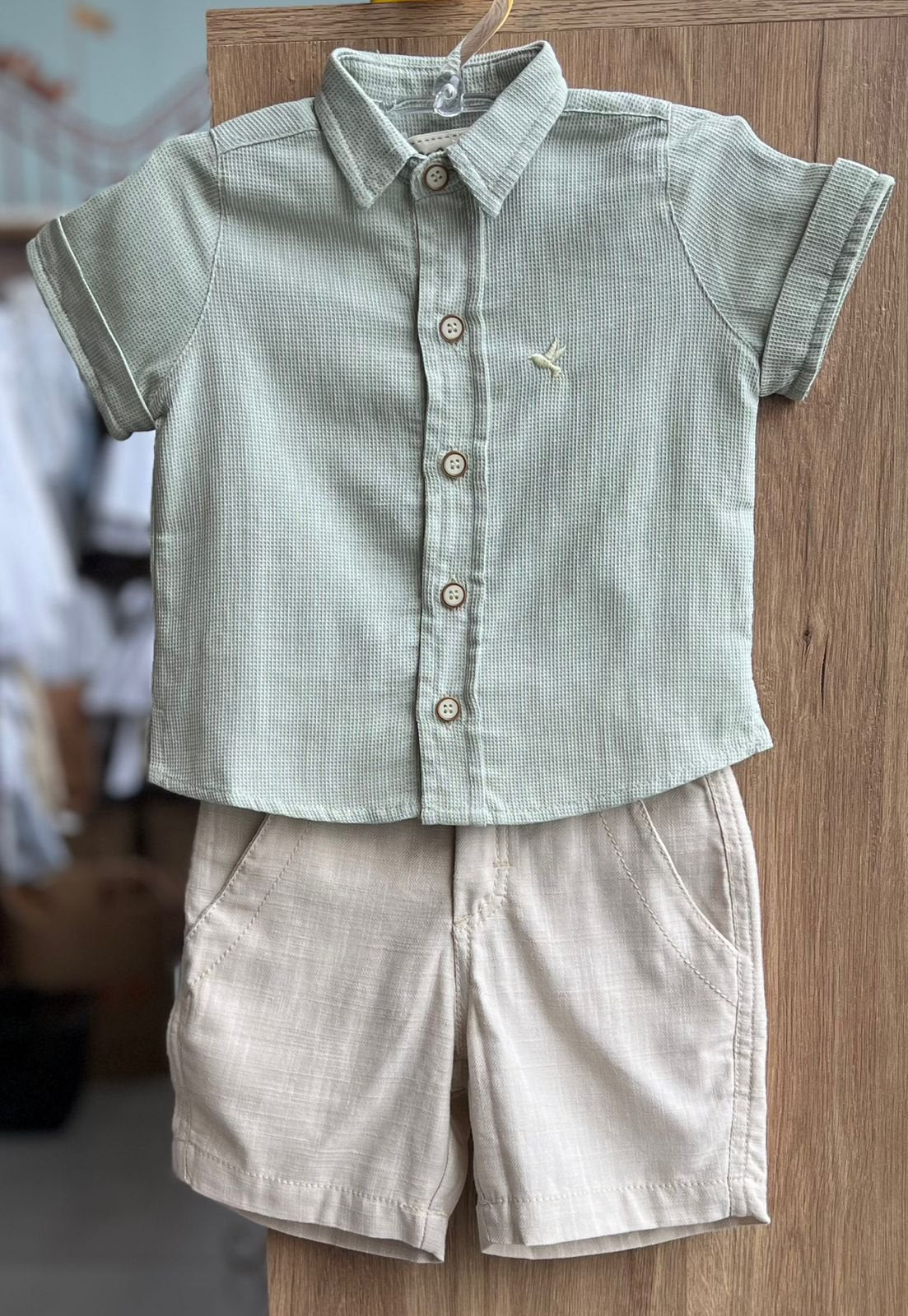 CONJUNTO CAMISA MANGA CURTA BORDADO MINIMALISTA E SHORT MENINO PRECOCE - VERDE/BEGE