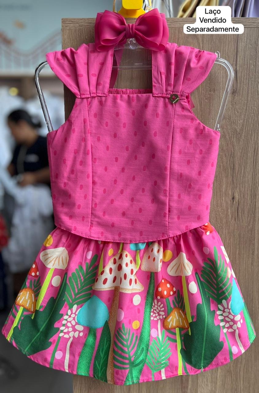 CONJUNTO BLUSA ALÇA BABADO POA E SAIA COGUMELO MENINA PRECOCE - ROSA